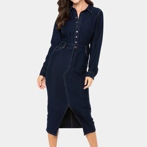 Peace Love World Blue Stretch Knit Denim Long Sleeve Button Front Dress Size S